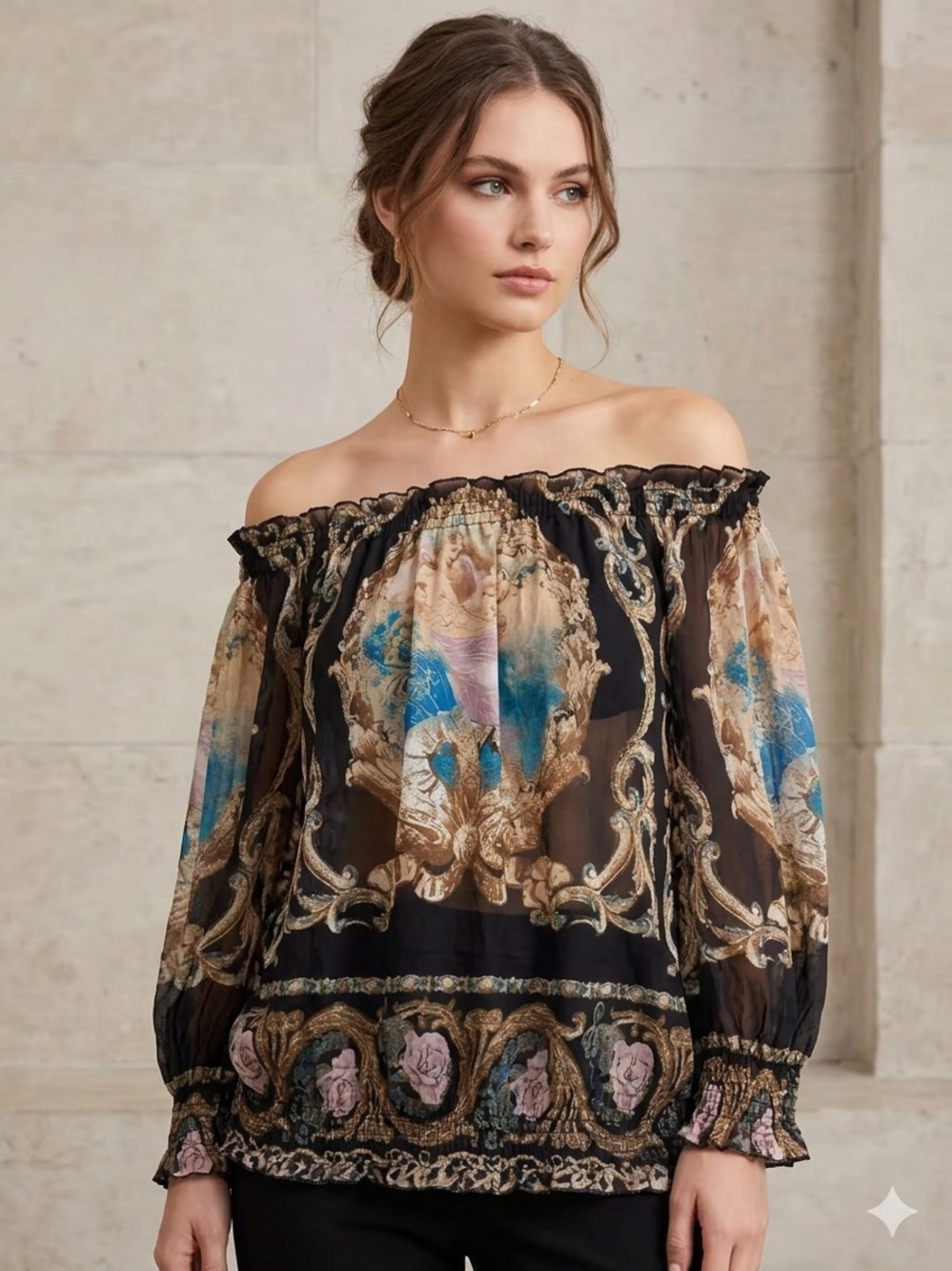 Bebe Sheer Off-Shoulder Printed Blouse in Black and Gold